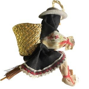 Vintage Happy Halloween Witch Highly Detailed Handmade on Broom w/Great Basket!